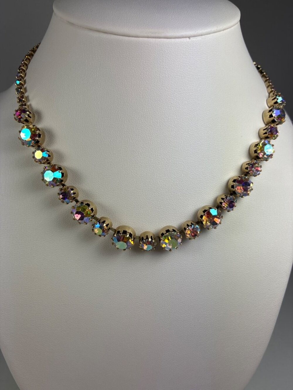 Vintage Aurora Borealis Rhinestone Necklace Graduated Prong Set Gold Tone 15in